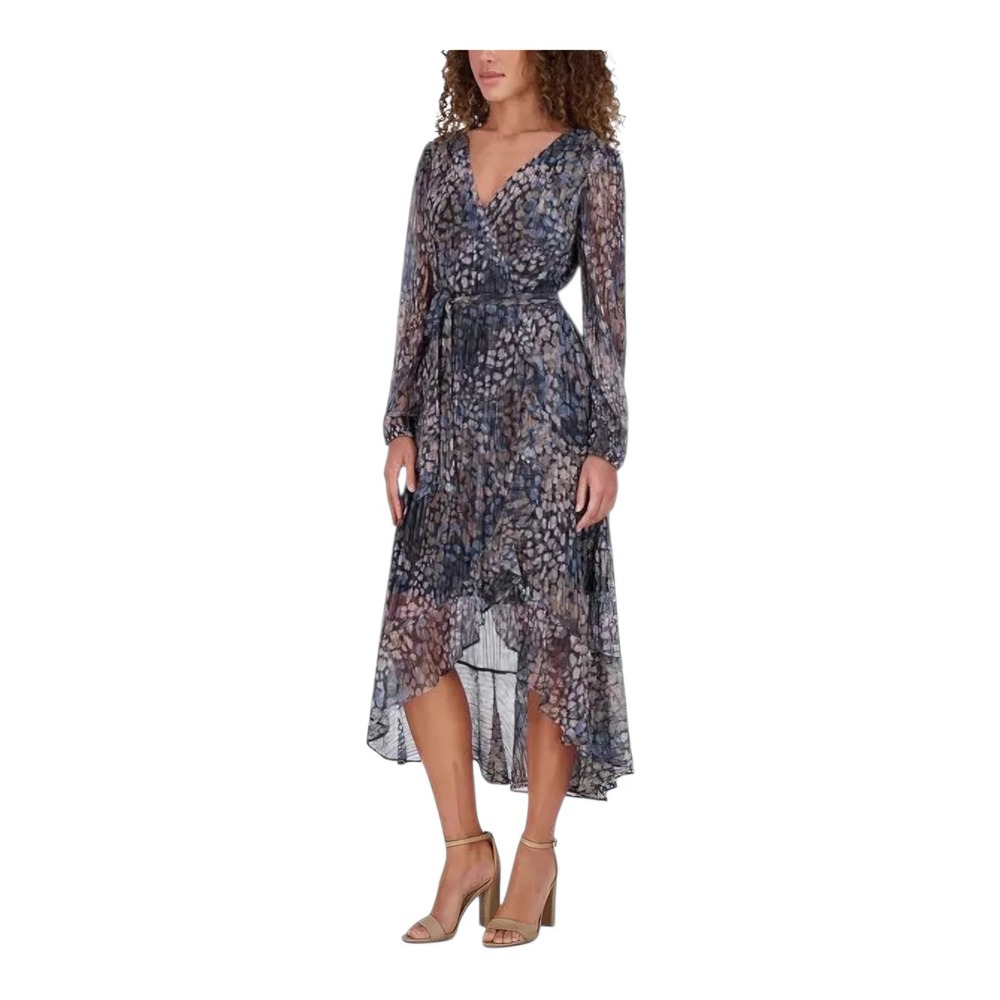 Kensie Girl Floral Chiffon Hi Low Midi Dress V Neck Long Sleeve Belted Size 2‎